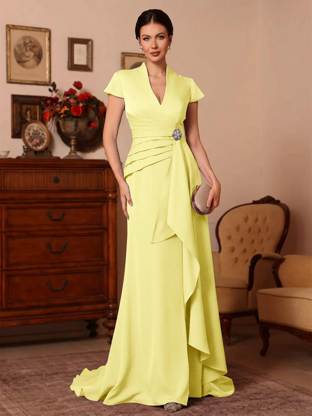 Trumpet/Mermaid V-Neck Stretch Satin Exclusive Mother of the Bride Dresses Floor-Length Sweep Train Cap Sleeves Ruffles