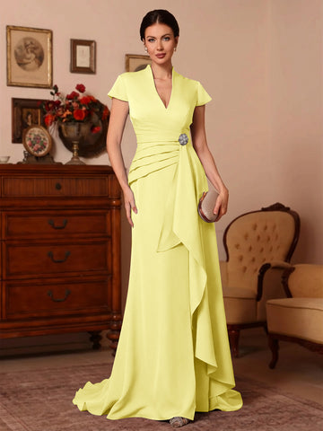 Trumpet/Mermaid V-Neck Stretch Satin Exclusive Mother of the Bride Dresses Floor-Length Sweep Train Cap Sleeves Ruffles
