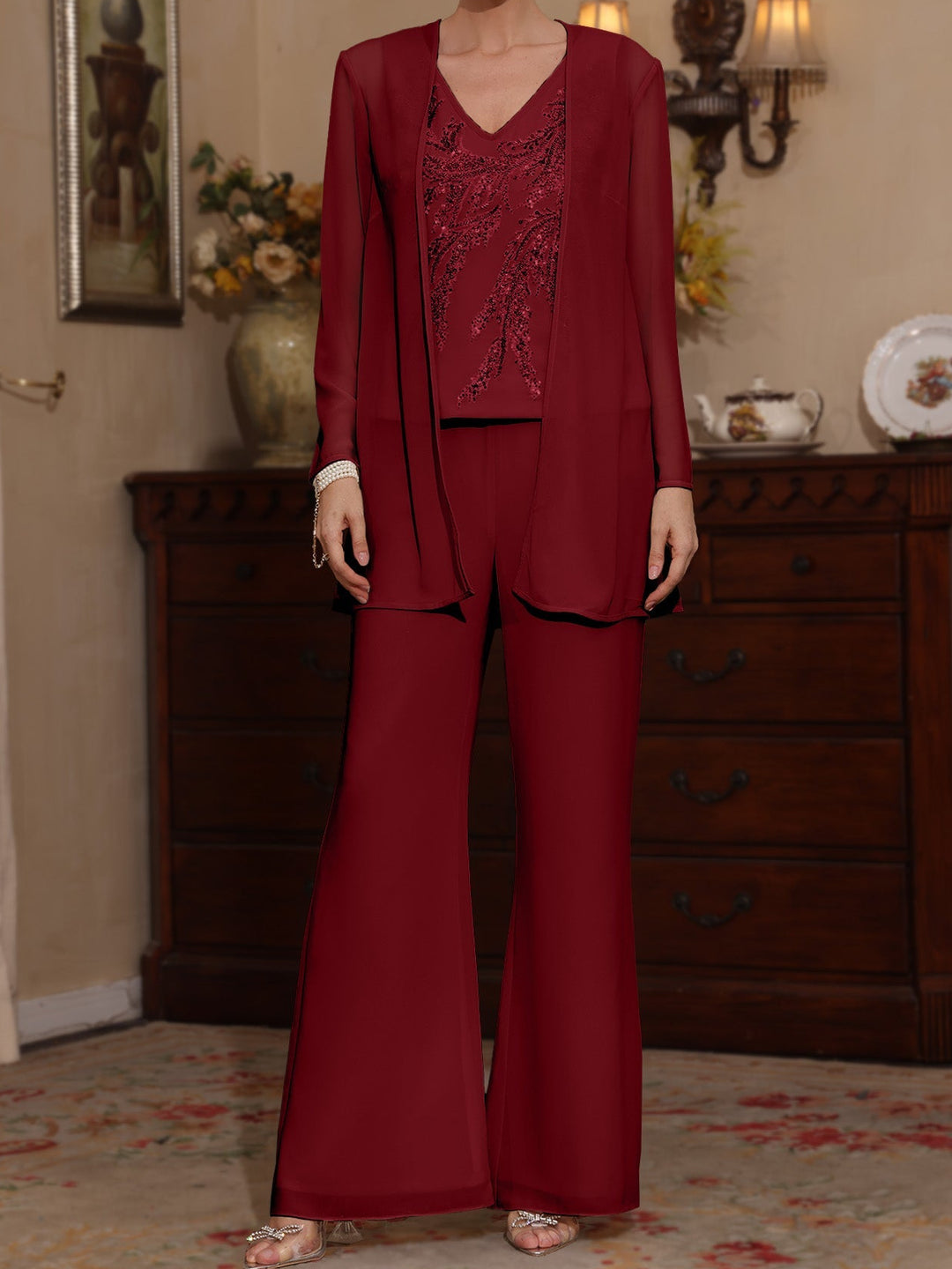 3 Pieces V-Neck Chiffon Mother of the Bride Pantsuits with Jacket Sequins Ankle-Length Long Sleeves
