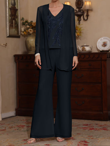 3 Pieces V-Neck Chiffon Mother of the Bride Pantsuits with Jacket Sequins Ankle-Length Long Sleeves