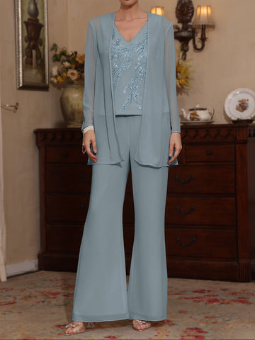 3 Pieces V-Neck Chiffon Mother of the Bride Pantsuits with Jacket Sequins Ankle-Length Long Sleeves