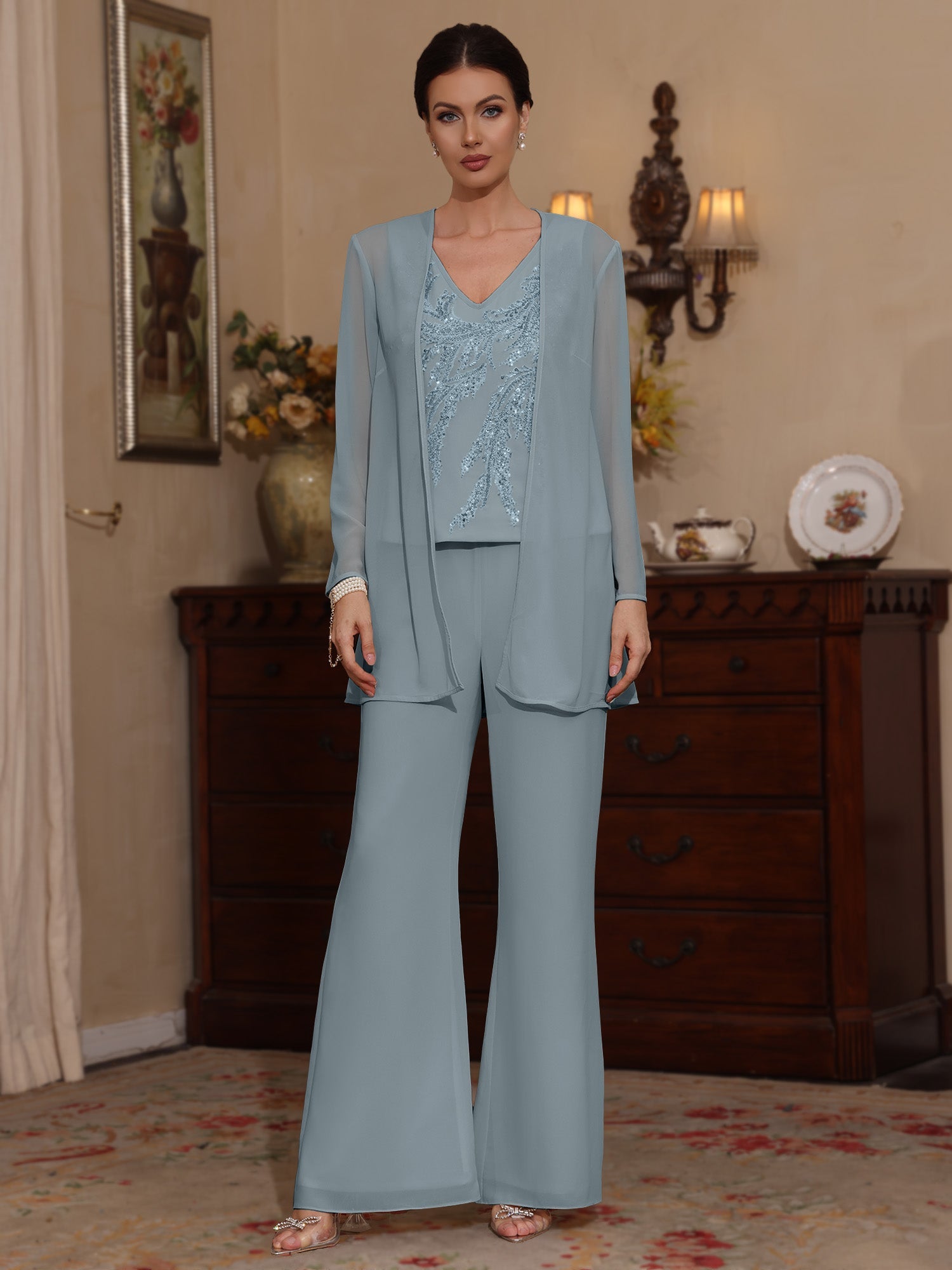 3 Pieces V-Neck Chiffon Mother of the Bride Pantsuits with Jacket Sequins Ankle-Length Long Sleeves