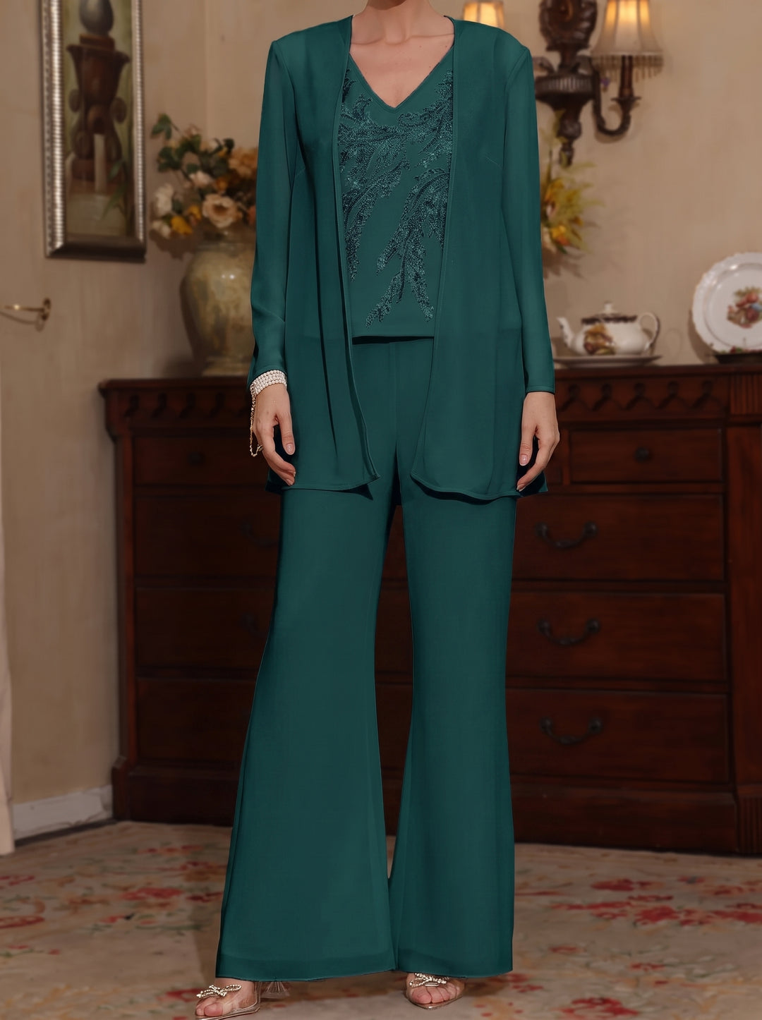 3 Pieces V-Neck Chiffon Mother of the Bride Pantsuits with Jacket Sequins Ankle-Length Long Sleeves