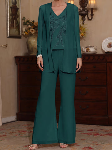 3 Pieces V-Neck Chiffon Mother of the Bride Pantsuits with Jacket Sequins Ankle-Length Long Sleeves