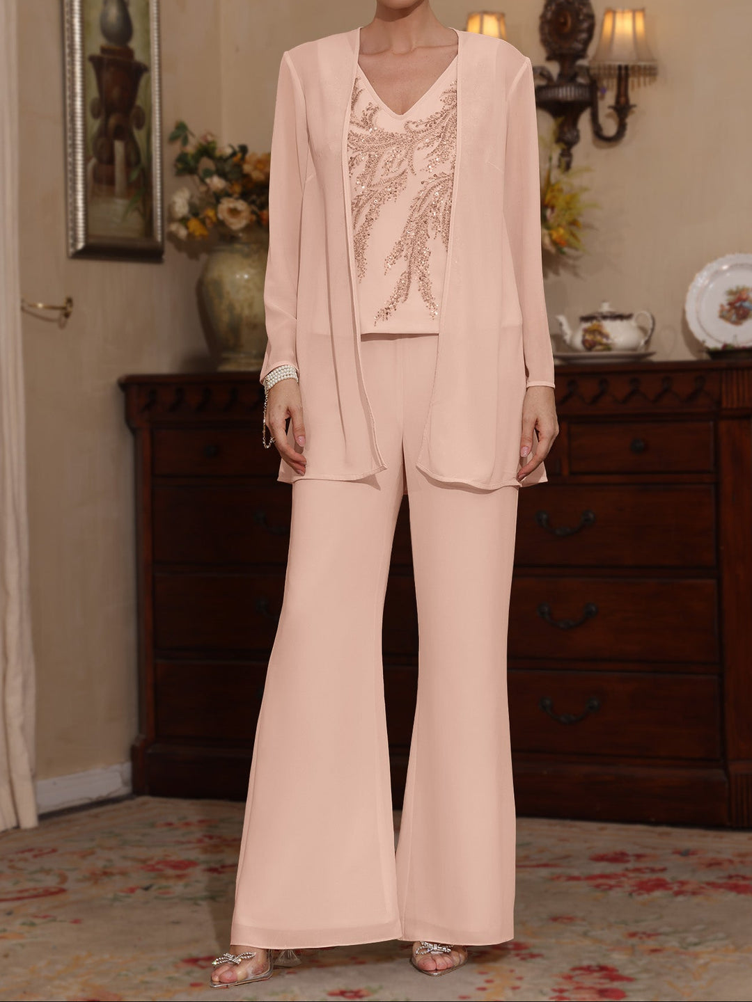 3 Pieces V-Neck Chiffon Mother of the Bride Pantsuits with Jacket Sequins Ankle-Length Long Sleeves