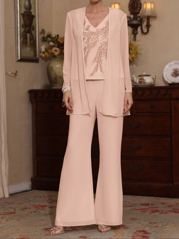 3 Pieces V-Neck Chiffon Mother of the Bride Pantsuits with Jacket Sequins Ankle-Length Long Sleeves