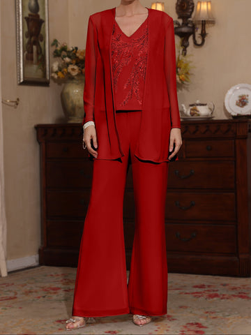 3 Pieces V-Neck Chiffon Mother of the Bride Pantsuits with Jacket Sequins Ankle-Length Long Sleeves