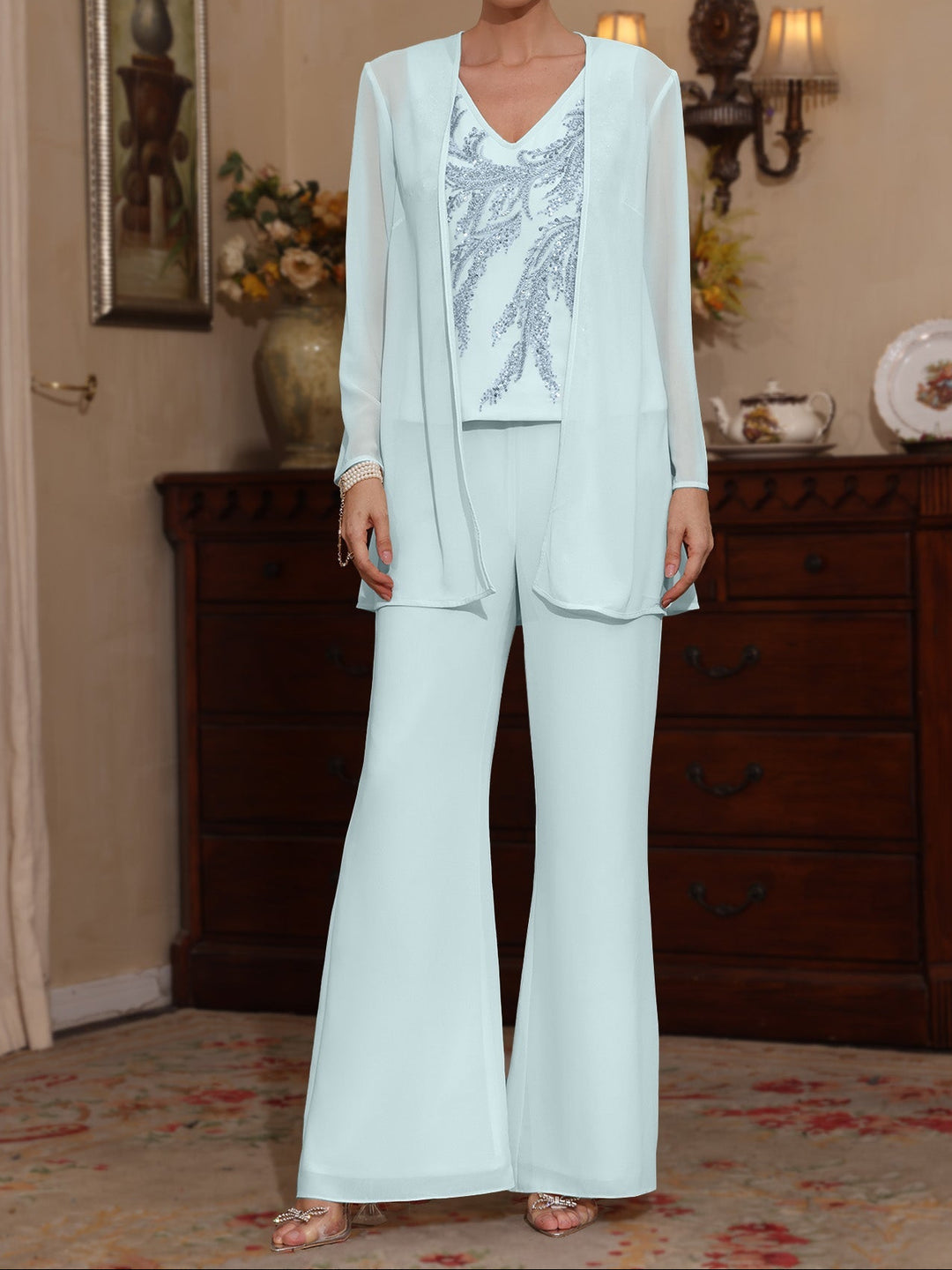 3 Pieces V-Neck Chiffon Mother of the Bride Pantsuits with Jacket Sequins Ankle-Length Long Sleeves