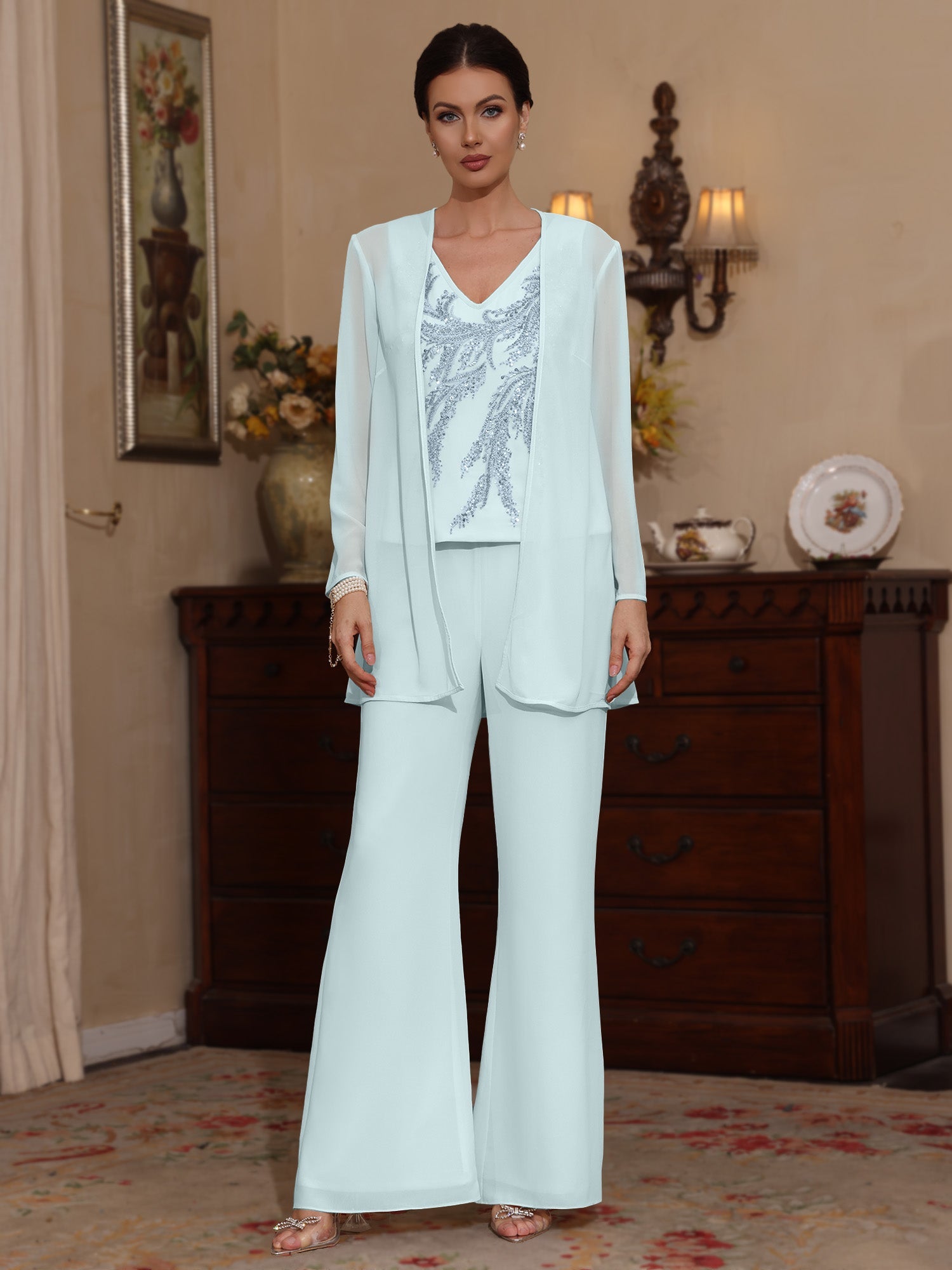 3 Pieces V-Neck Chiffon Mother of the Bride Pantsuits with Jacket Sequins Ankle-Length Long Sleeves