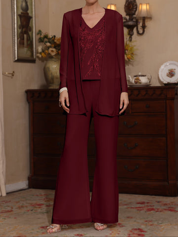 3 Pieces V-Neck Chiffon Mother of the Bride Pantsuits with Jacket Sequins Ankle-Length Long Sleeves