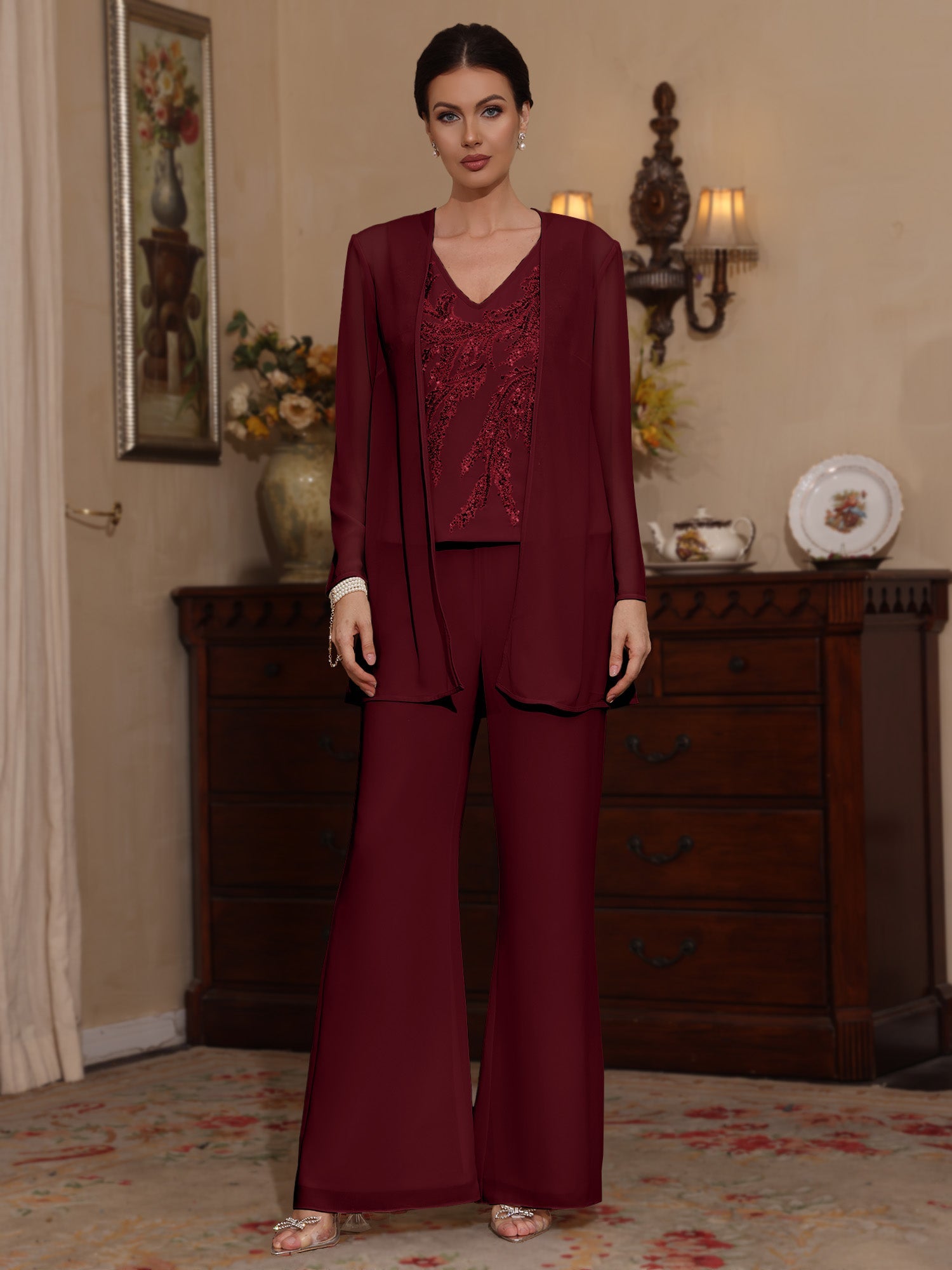 3 Pieces V-Neck Chiffon Mother of the Bride Pantsuits with Jacket Sequins Ankle-Length Long Sleeves