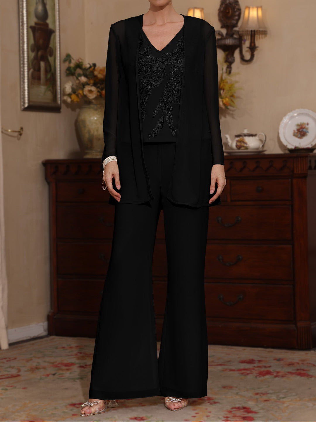 3 Pieces V-Neck Chiffon Mother of the Bride Pantsuits with Jacket Sequins Ankle-Length Long Sleeves