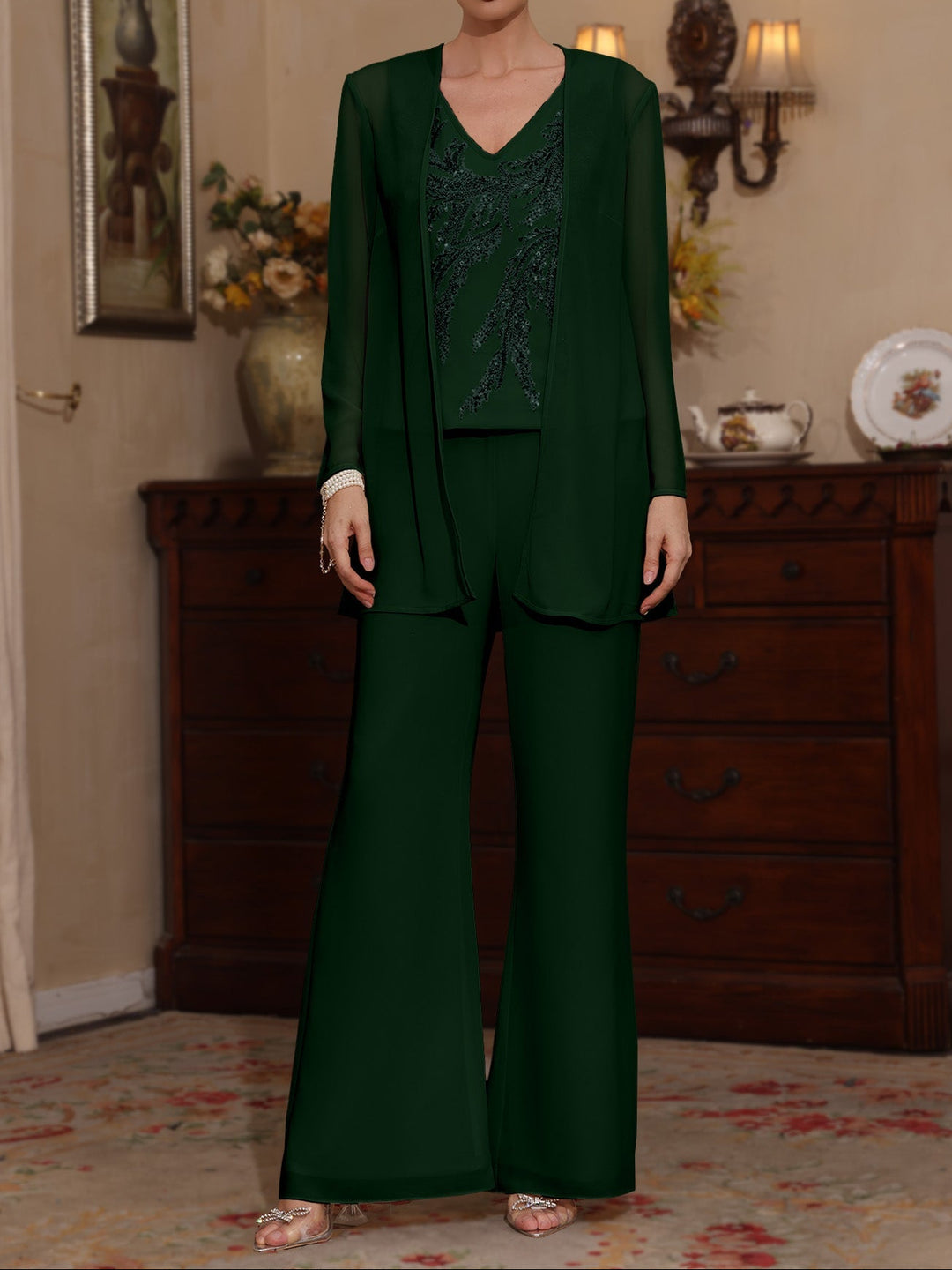 3 Pieces V-Neck Chiffon Mother of the Bride Pantsuits with Jacket Sequins Ankle-Length Long Sleeves
