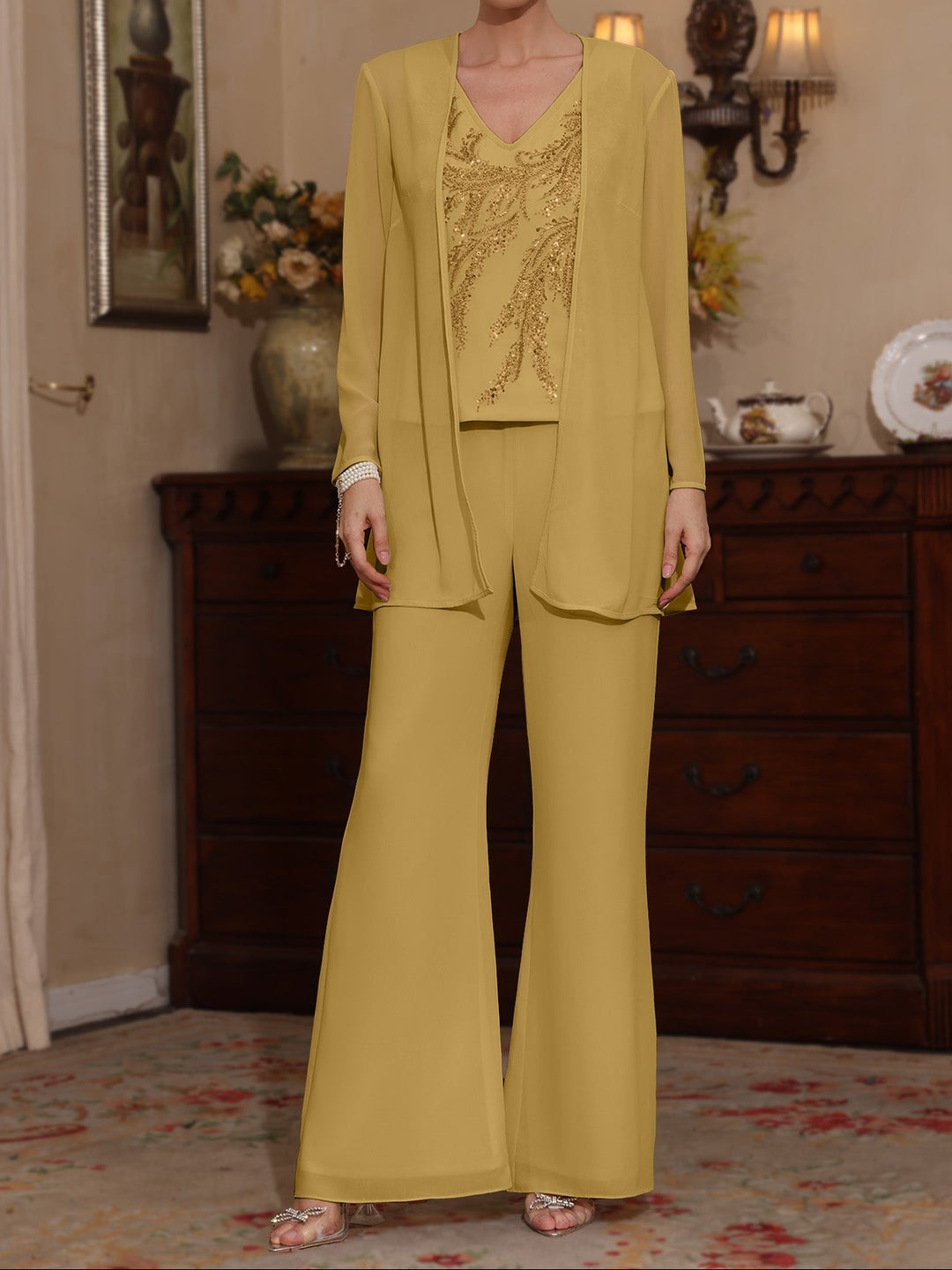 3 Pieces V-Neck Chiffon Mother of the Bride Pantsuits with Jacket Sequins Ankle-Length Long Sleeves
