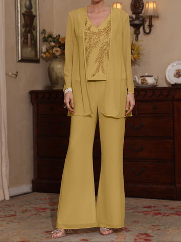 3 Pieces V-Neck Chiffon Mother of the Bride Pantsuits with Jacket Sequins Ankle-Length Long Sleeves