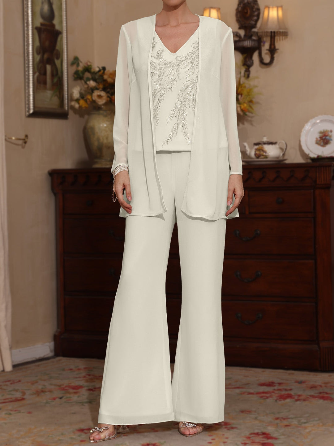 3 Pieces V-Neck Chiffon Mother of the Bride Pantsuits with Jacket Sequins Ankle-Length Long Sleeves