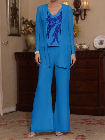 3 Pieces V-Neck Chiffon Mother of the Bride Pantsuits with Jacket Sequins Ankle-Length Long Sleeves