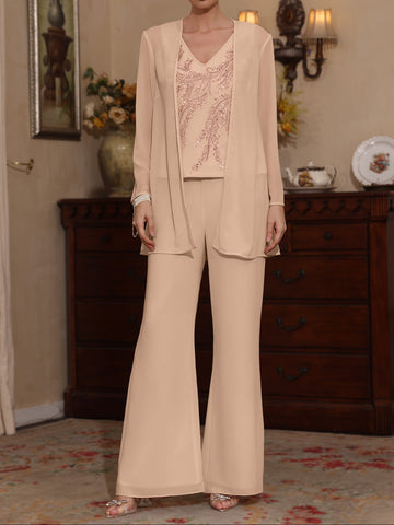 3 Pieces V-Neck Chiffon Mother of the Bride Pantsuits with Jacket Sequins Ankle-Length Long Sleeves