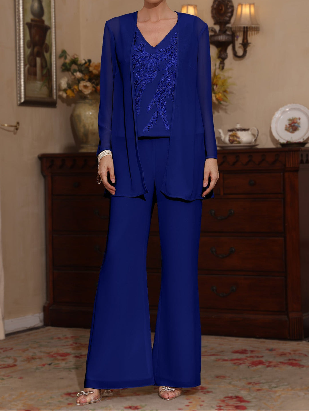 3 Pieces V-Neck Chiffon Mother of the Bride Pantsuits with Jacket Sequins Ankle-Length Long Sleeves