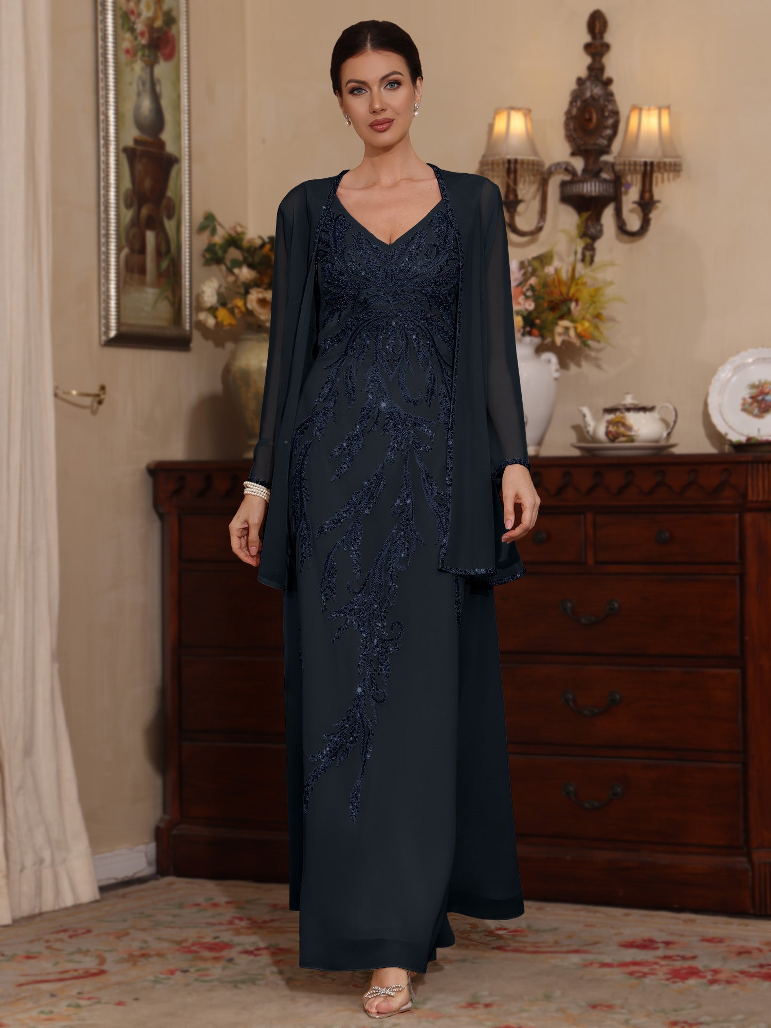 2 Pieces A-Line/Princess V-Neck Chiffon Mother of the Bride Dresses with Jacket Sequins Ankle-Length Long Sleeves