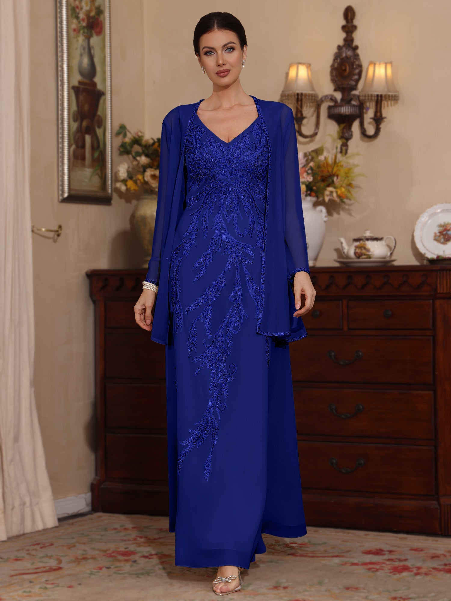 2 Pieces A-Line/Princess V-Neck Chiffon Mother of the Bride Dresses with Jacket Sequins Ankle-Length Long Sleeves
