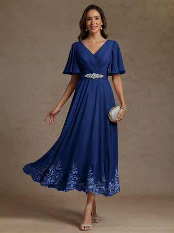 A-Line/Princess V Neck Mother of the Bride Dresses Short Sleeves Chiffon Lace Tea Length with Sash