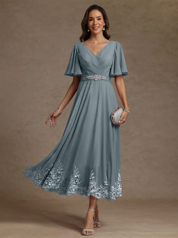 A-Line/Princess V Neck Mother of the Bride Dresses Short Sleeves Chiffon Lace Tea Length with Sash