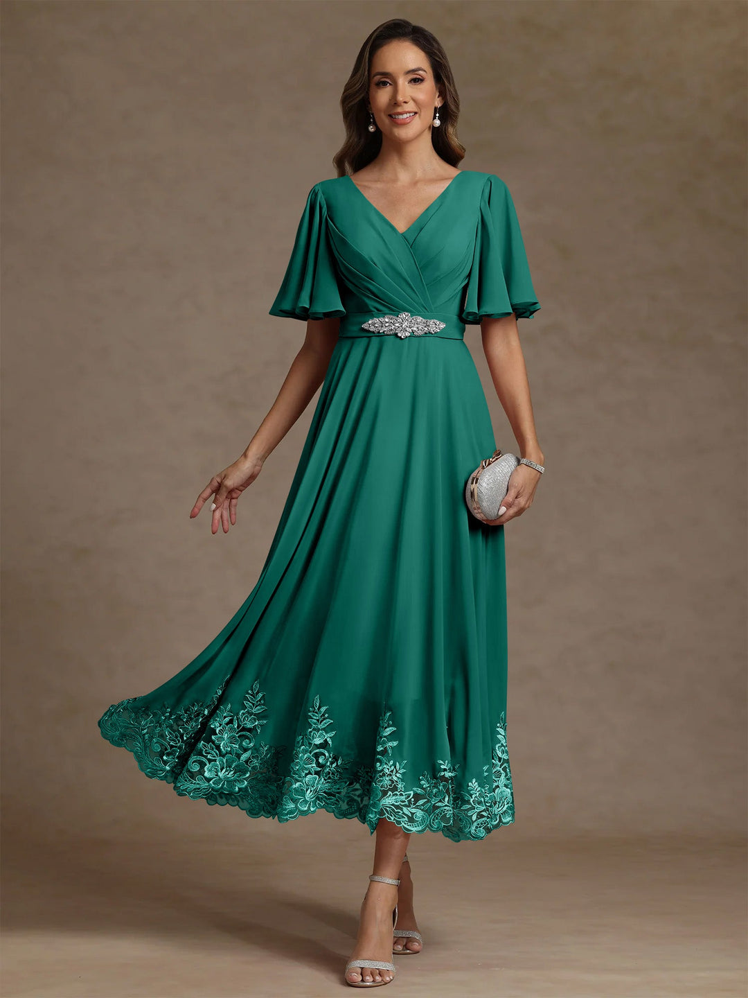 A-Line/Princess V Neck Mother of the Bride Dresses Short Sleeves Chiffon Lace Tea Length with Sash