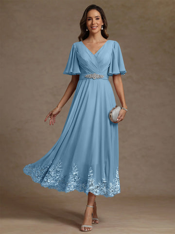 A-Line/Princess V Neck Mother of the Bride Dresses Short Sleeves Chiffon Lace Tea Length with Sash