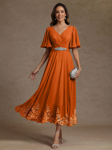 A-Line/Princess V Neck Mother of the Bride Dresses Short Sleeves Chiffon Lace Tea Length with Sash