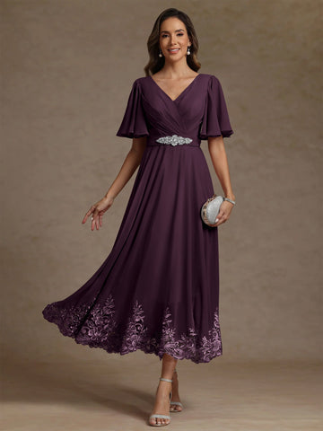 A-Line/Princess V Neck Mother of the Bride Dresses Short Sleeves Chiffon Lace Tea Length with Sash