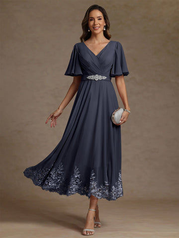 A-Line/Princess V Neck Mother of the Bride Dresses Short Sleeves Chiffon Lace Tea Length with Sash