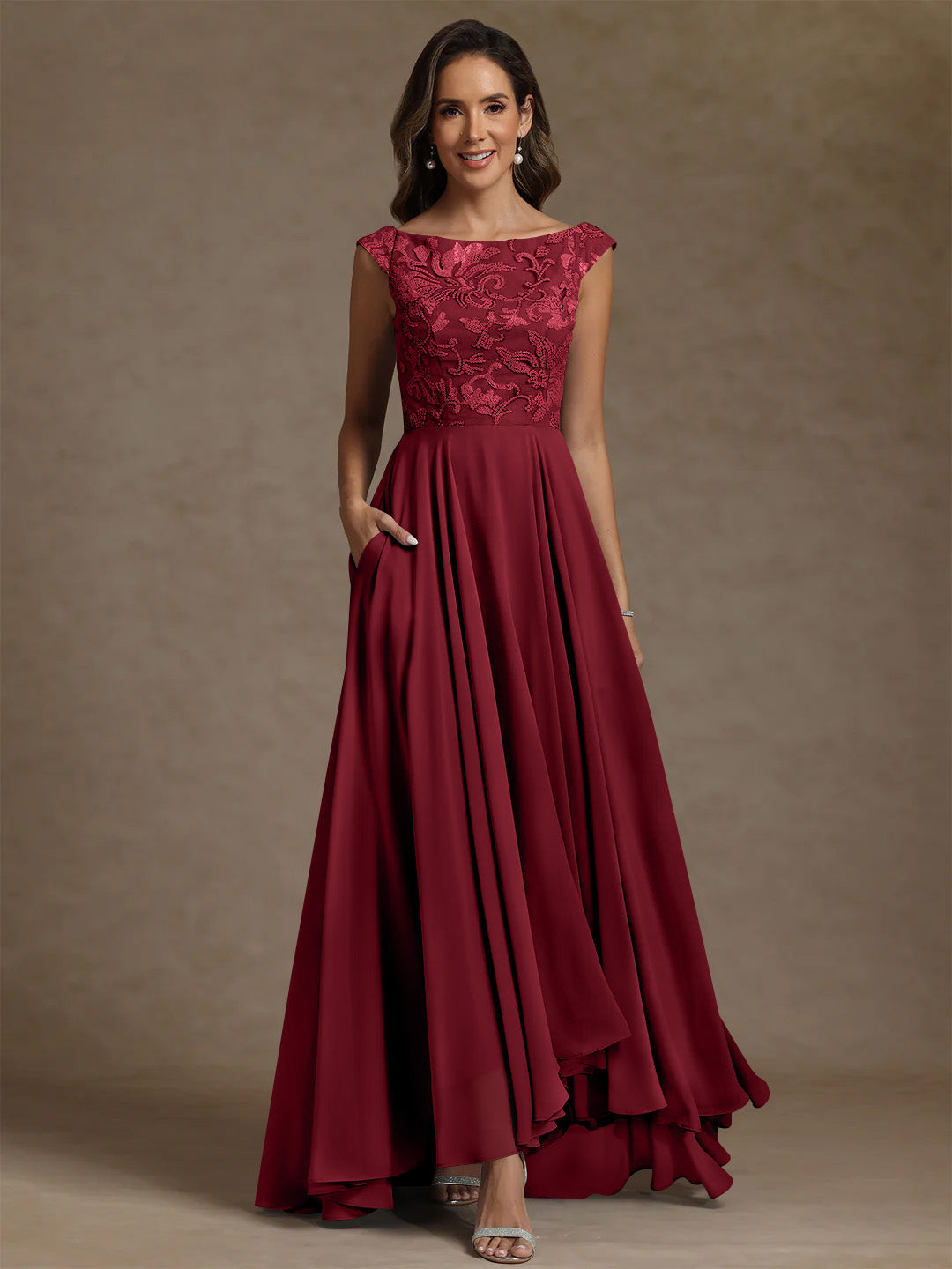 A-Line/Princess Scoop Chiffon Exclusive Mother of the Bride Dresses Lace Sequins Floor-Length Sleeveless Pleated