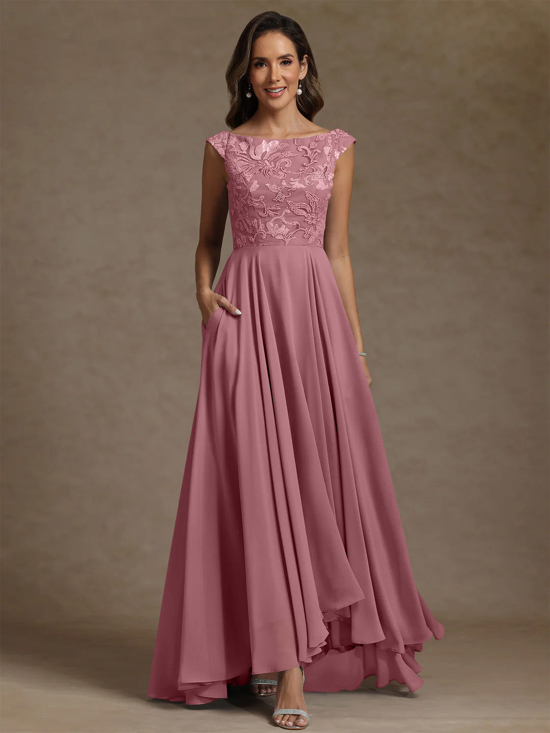 A-Line/Princess Scoop Chiffon Exclusive Mother of the Bride Dresses Lace Sequins Floor-Length Sleeveless Pleated