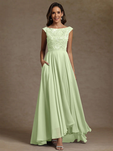 A-Line/Princess Scoop Chiffon Exclusive Mother of the Bride Dresses Lace Sequins Floor-Length Sleeveless Pleated