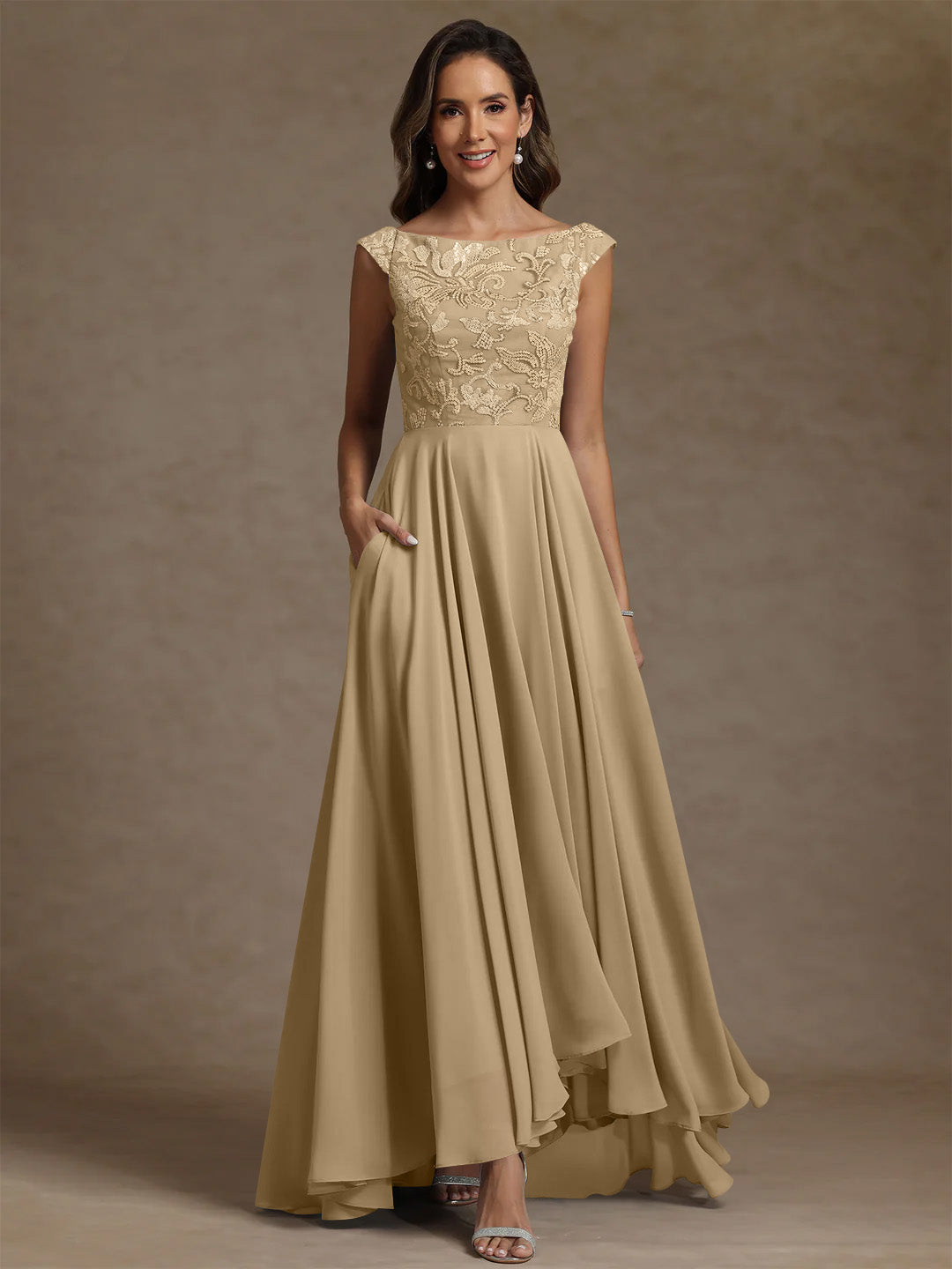 A-Line/Princess Scoop Chiffon Exclusive Mother of the Bride Dresses Lace Sequins Floor-Length Sleeveless Pleated