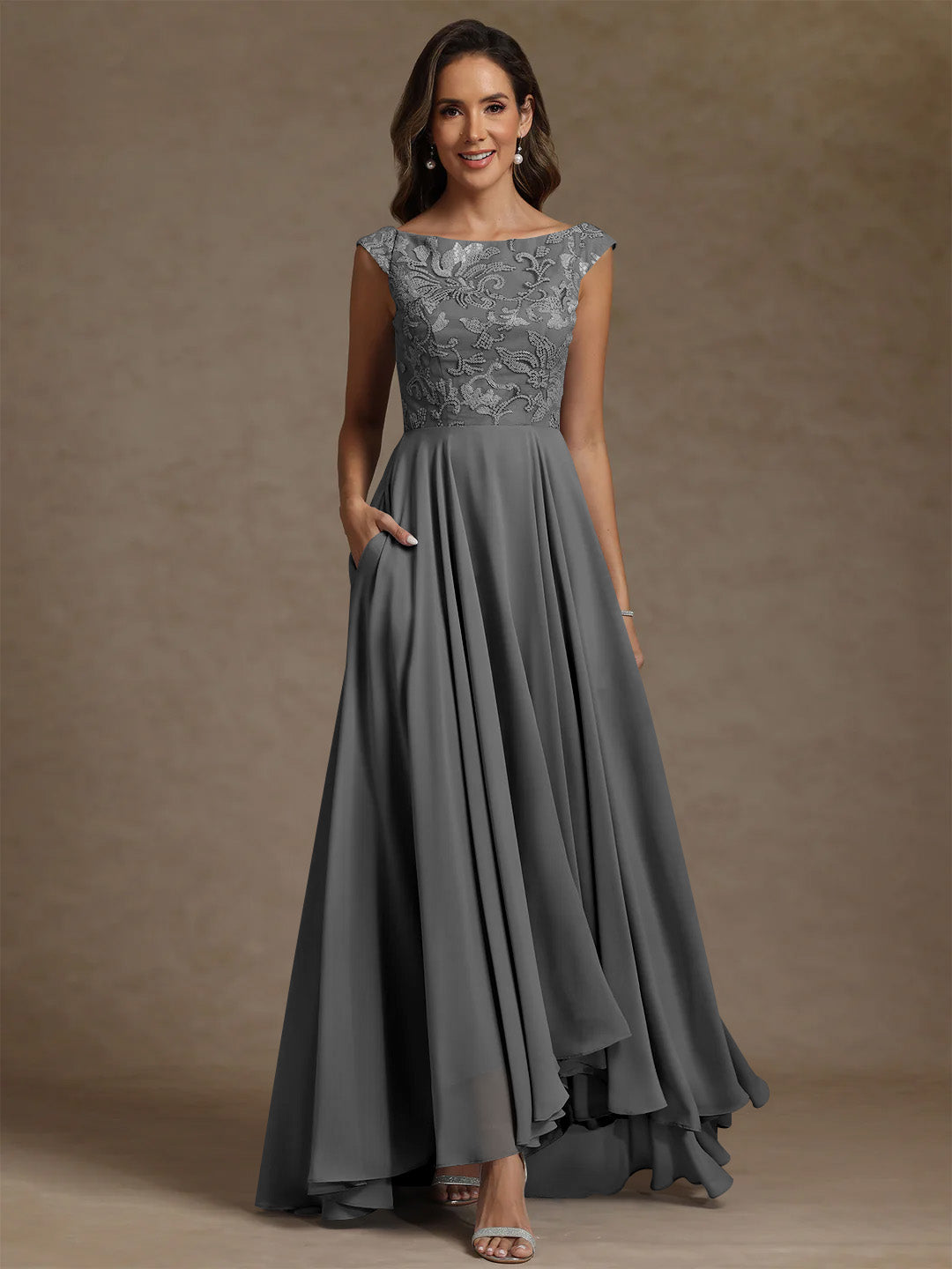 A-Line/Princess Scoop Chiffon Exclusive Mother of the Bride Dresses Lace Sequins Floor-Length Sleeveless Pleated