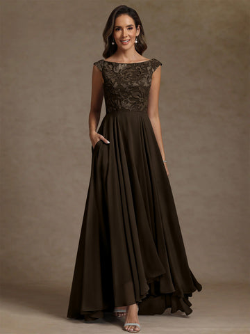 A-Line/Princess Scoop Chiffon Exclusive Mother of the Bride Dresses Lace Sequins Floor-Length Sleeveless Pleated
