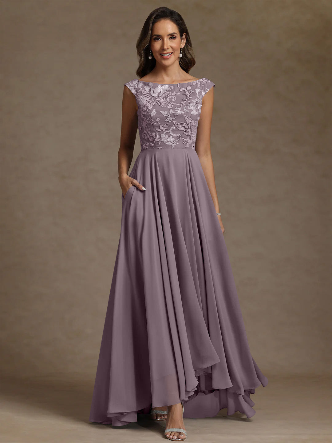 A-Line/Princess Scoop Chiffon Exclusive Mother of the Bride Dresses Lace Sequins Floor-Length Sleeveless Pleated
