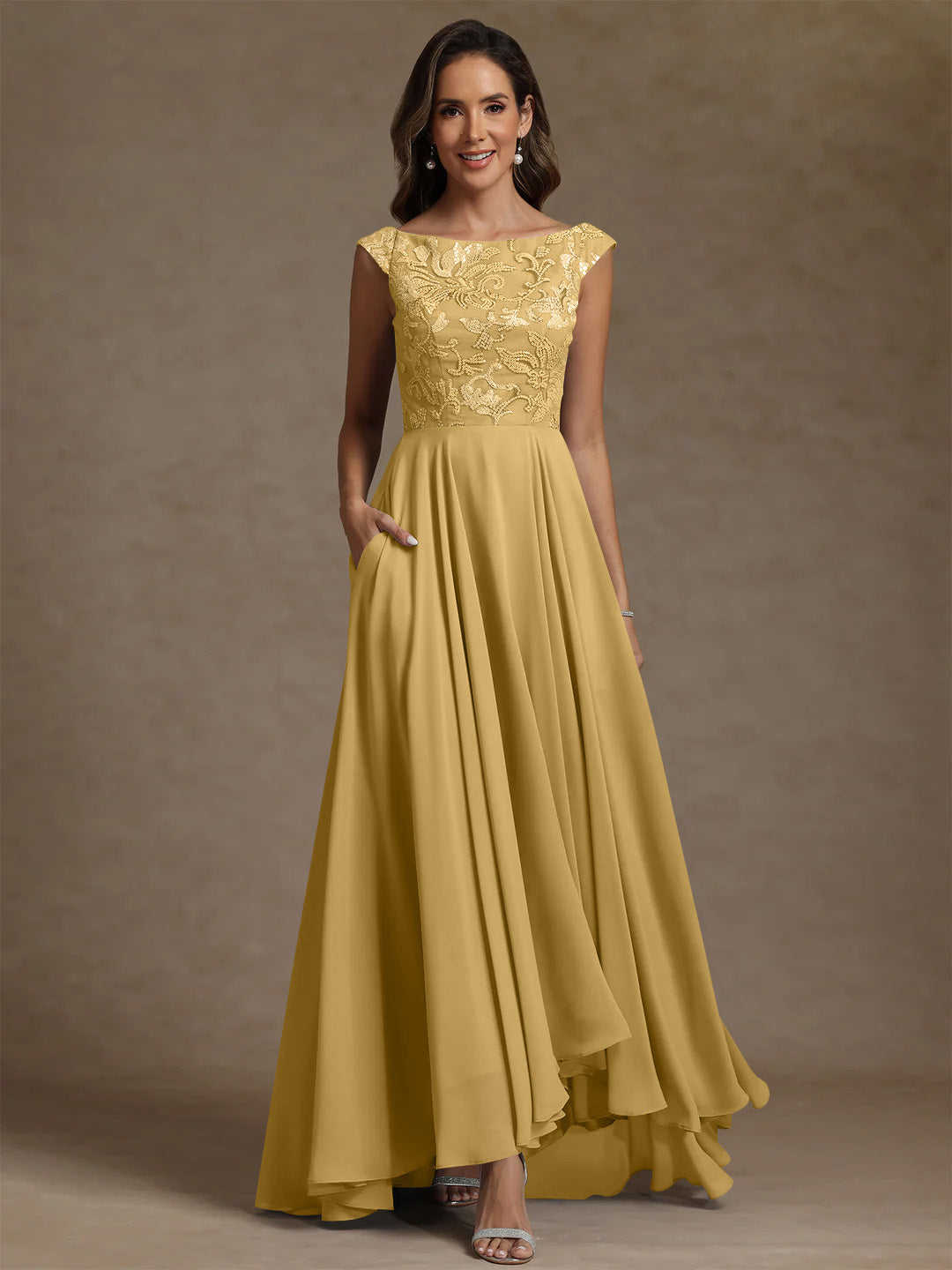 A-Line/Princess Scoop Chiffon Exclusive Mother of the Bride Dresses Lace Sequins Floor-Length Sleeveless Pleated
