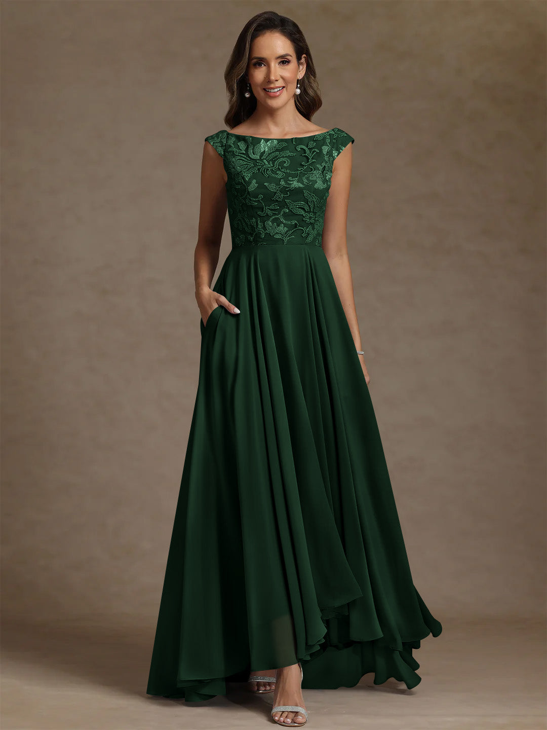 A-Line/Princess Scoop Chiffon Exclusive Mother of the Bride Dresses Lace Sequins Floor-Length Sleeveless Pleated