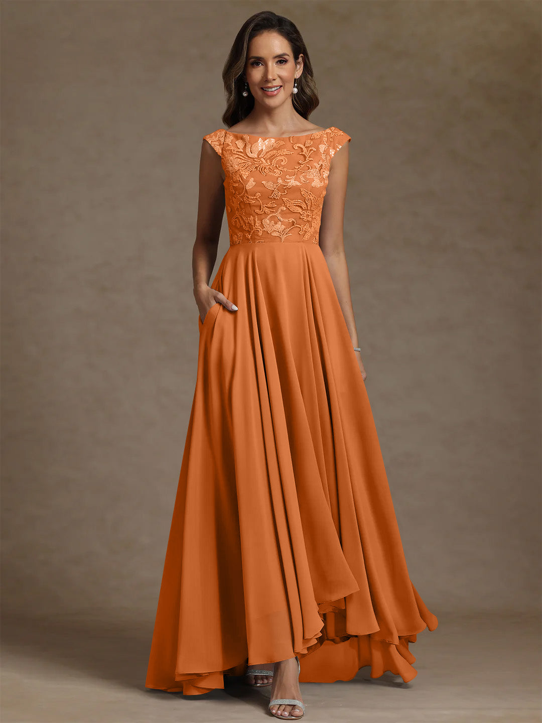 A-Line/Princess Scoop Chiffon Exclusive Mother of the Bride Dresses Lace Sequins Floor-Length Sleeveless Pleated