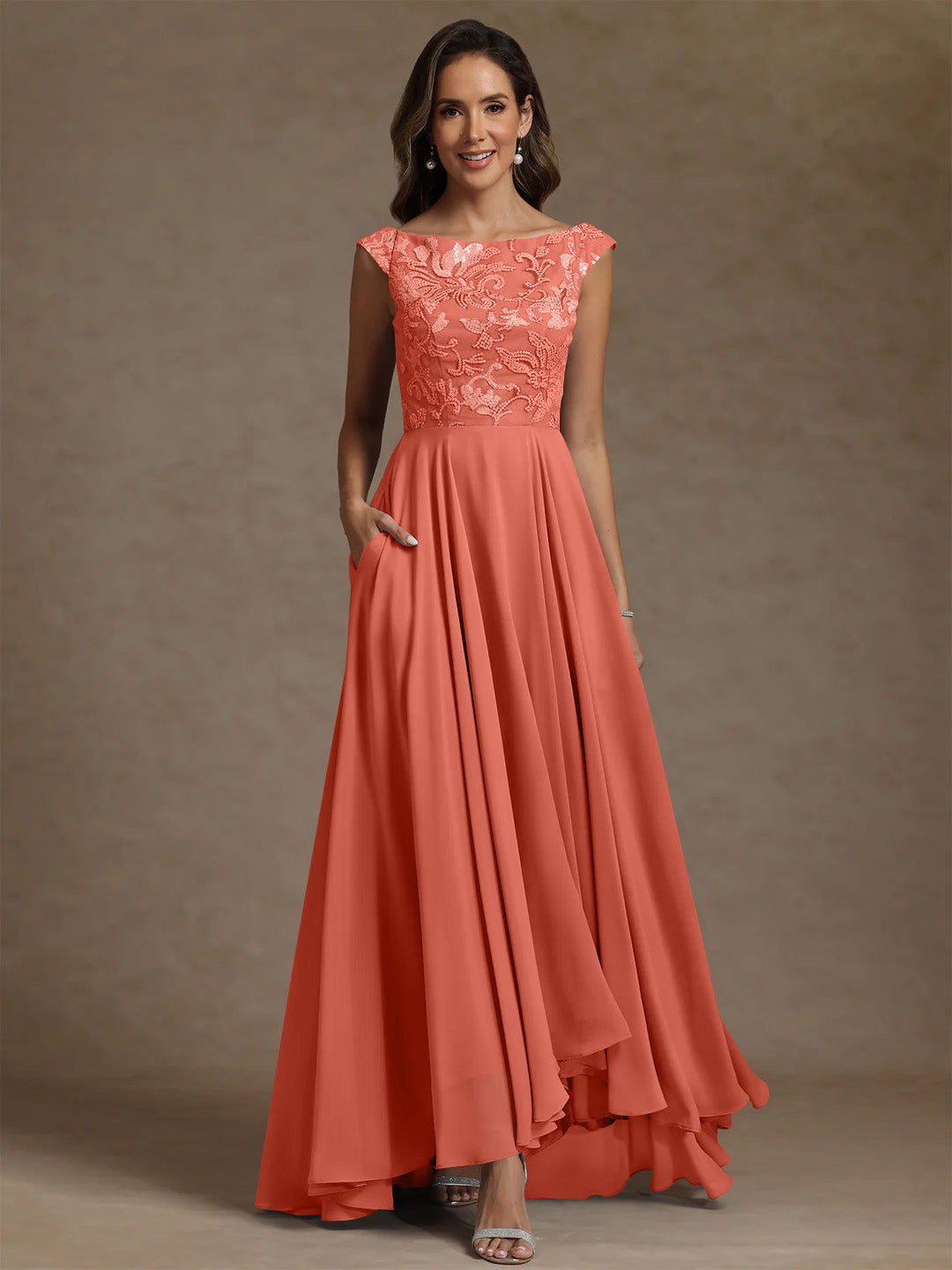 A-Line/Princess Scoop Chiffon Exclusive Mother of the Bride Dresses Lace Sequins Floor-Length Sleeveless Pleated