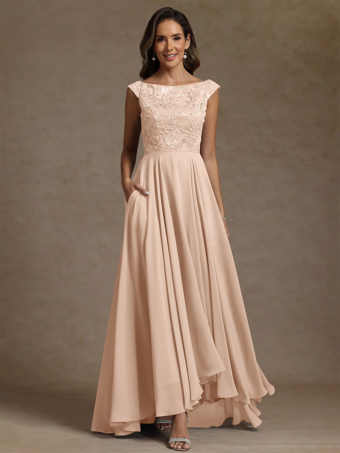 A-Line/Princess Scoop Chiffon Exclusive Mother of the Bride Dresses Lace Sequins Floor-Length Sleeveless Pleated