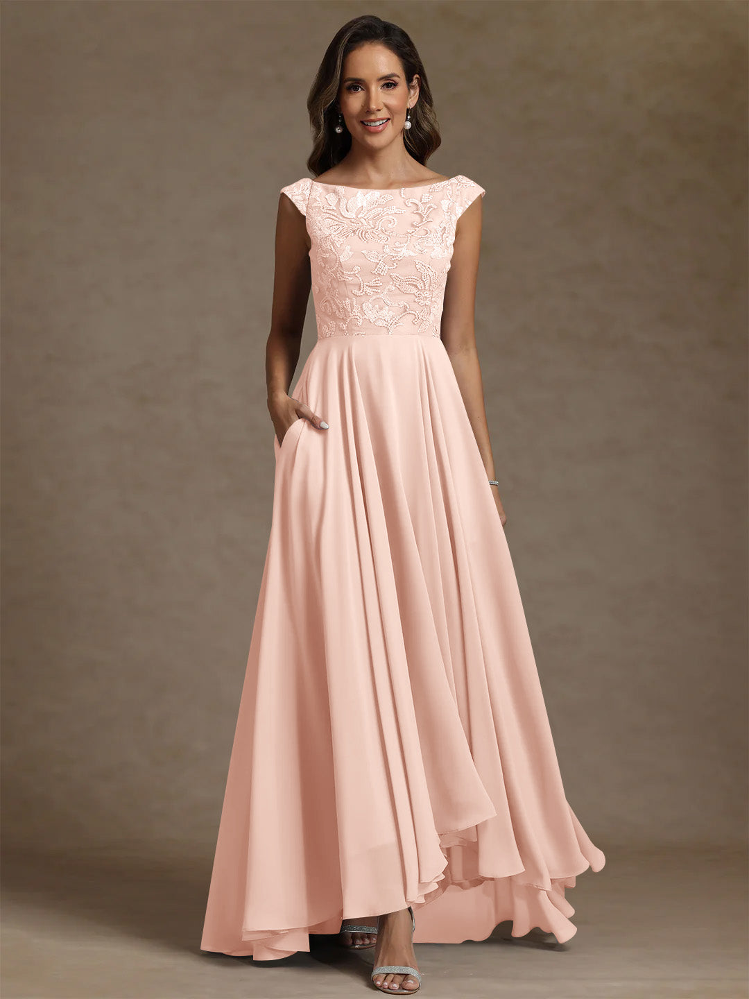 A-Line/Princess Scoop Chiffon Exclusive Mother of the Bride Dresses Lace Sequins Floor-Length Sleeveless Pleated