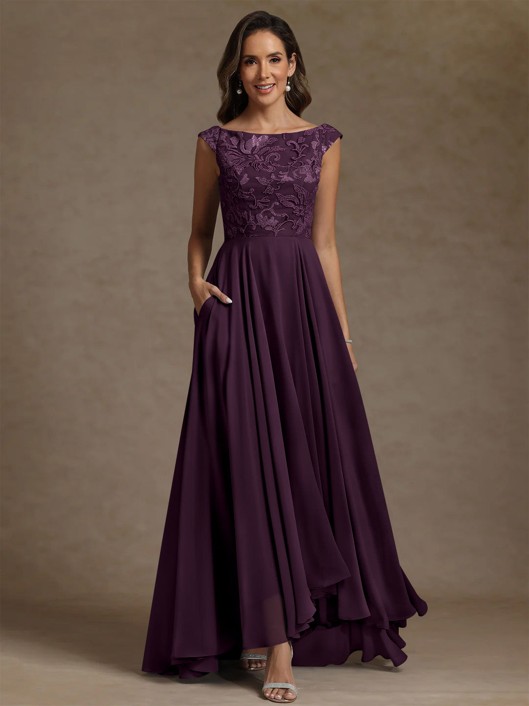 A-Line/Princess Scoop Chiffon Exclusive Mother of the Bride Dresses Lace Sequins Floor-Length Sleeveless Pleated