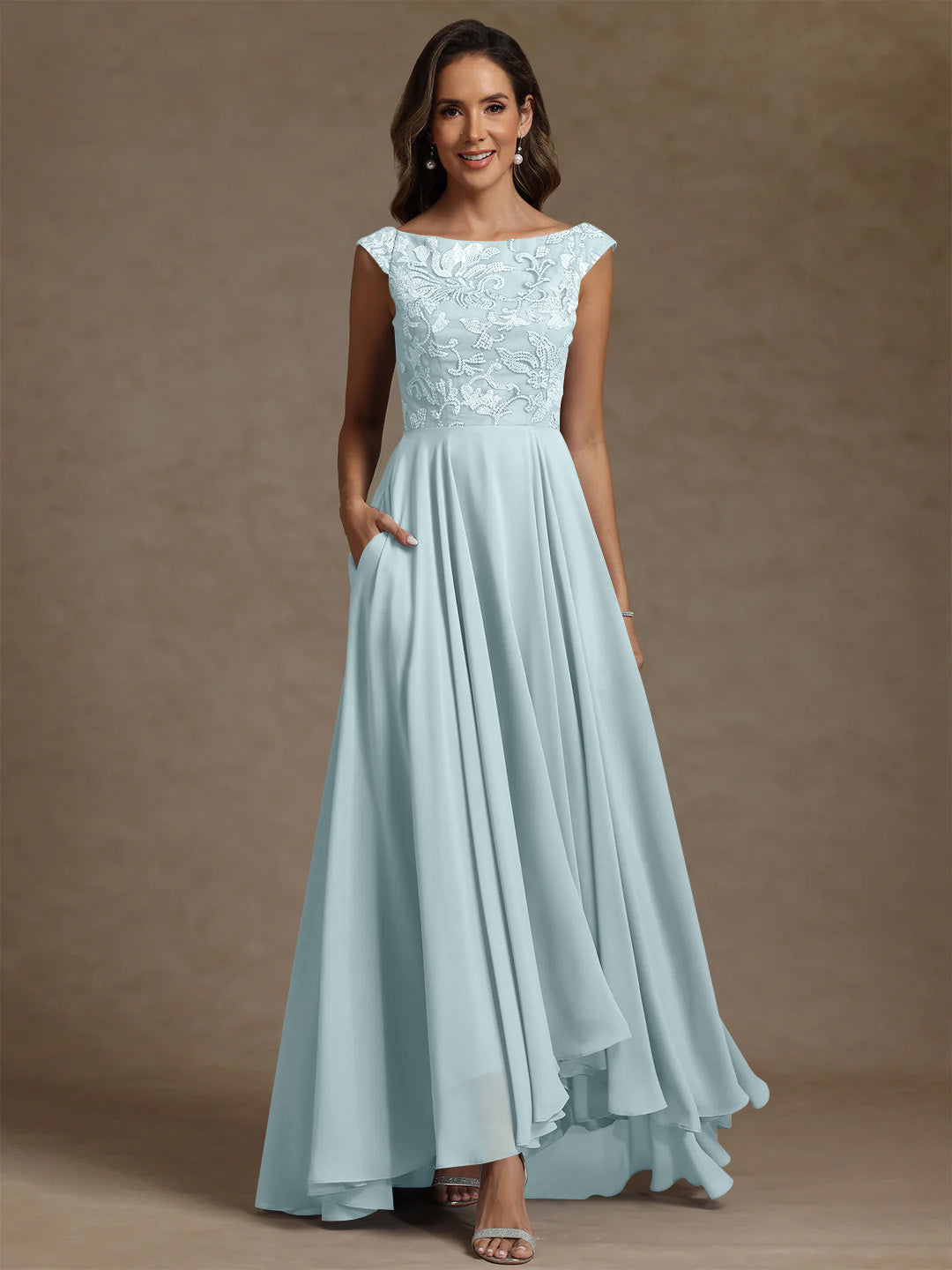 A-Line/Princess Scoop Chiffon Exclusive Mother of the Bride Dresses Lace Sequins Floor-Length Sleeveless Pleated