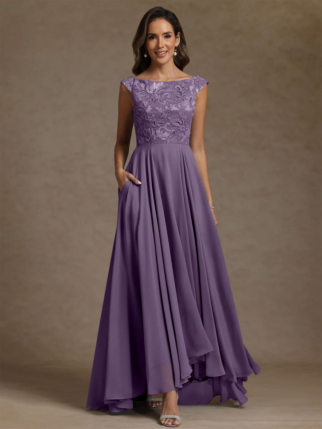 A-Line/Princess Scoop Chiffon Exclusive Mother of the Bride Dresses Lace Sequins Floor-Length Sleeveless Pleated