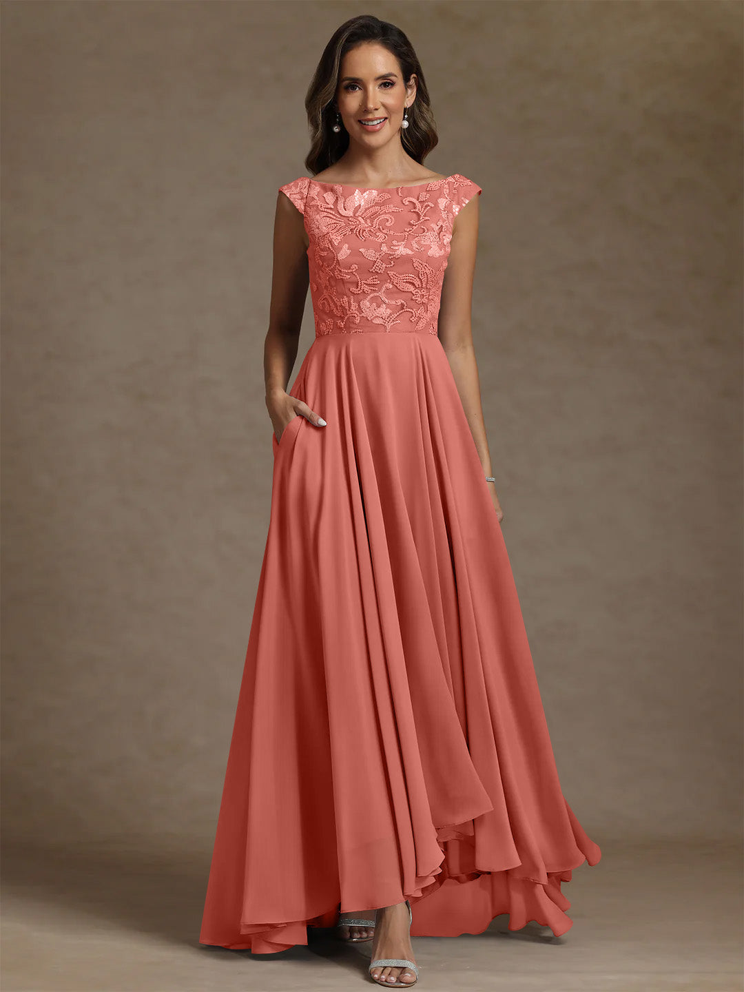 A-Line/Princess Scoop Chiffon Exclusive Mother of the Bride Dresses Lace Sequins Floor-Length Sleeveless Pleated