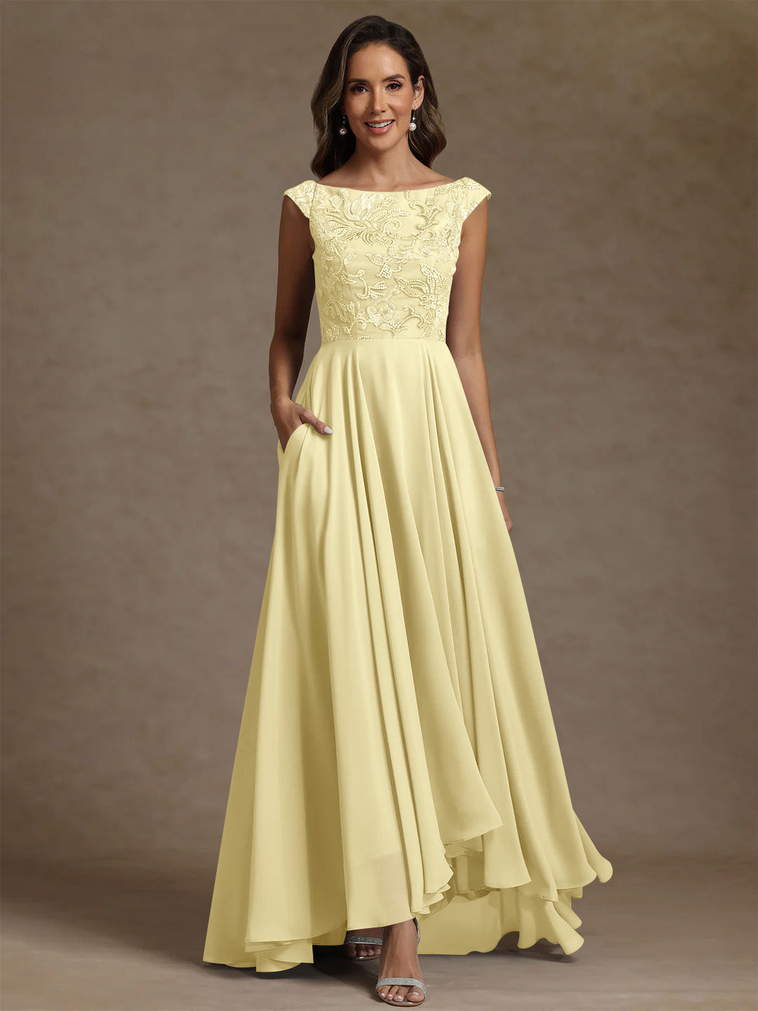 A-Line/Princess Scoop Chiffon Exclusive Mother of the Bride Dresses Lace Sequins Floor-Length Sleeveless Pleated